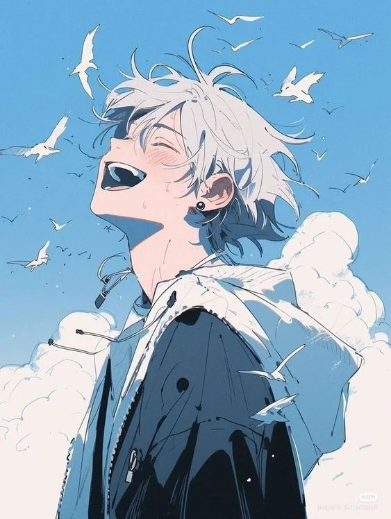 Hình nền anime cậu bé đang cười tươi vui vẻ dưới bầu trời trong xanh
