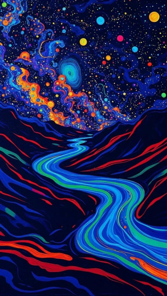 Dòng sông màu sắc neon chảy qua vũ trụ vô tận